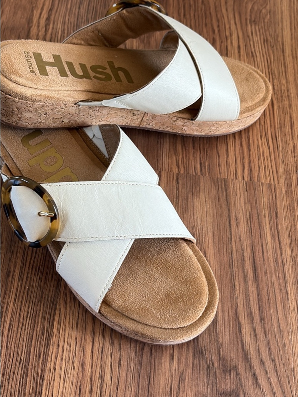 Hush Puppies White Cork Wedge Slide Sandals with Tortoiseshell Buckle
